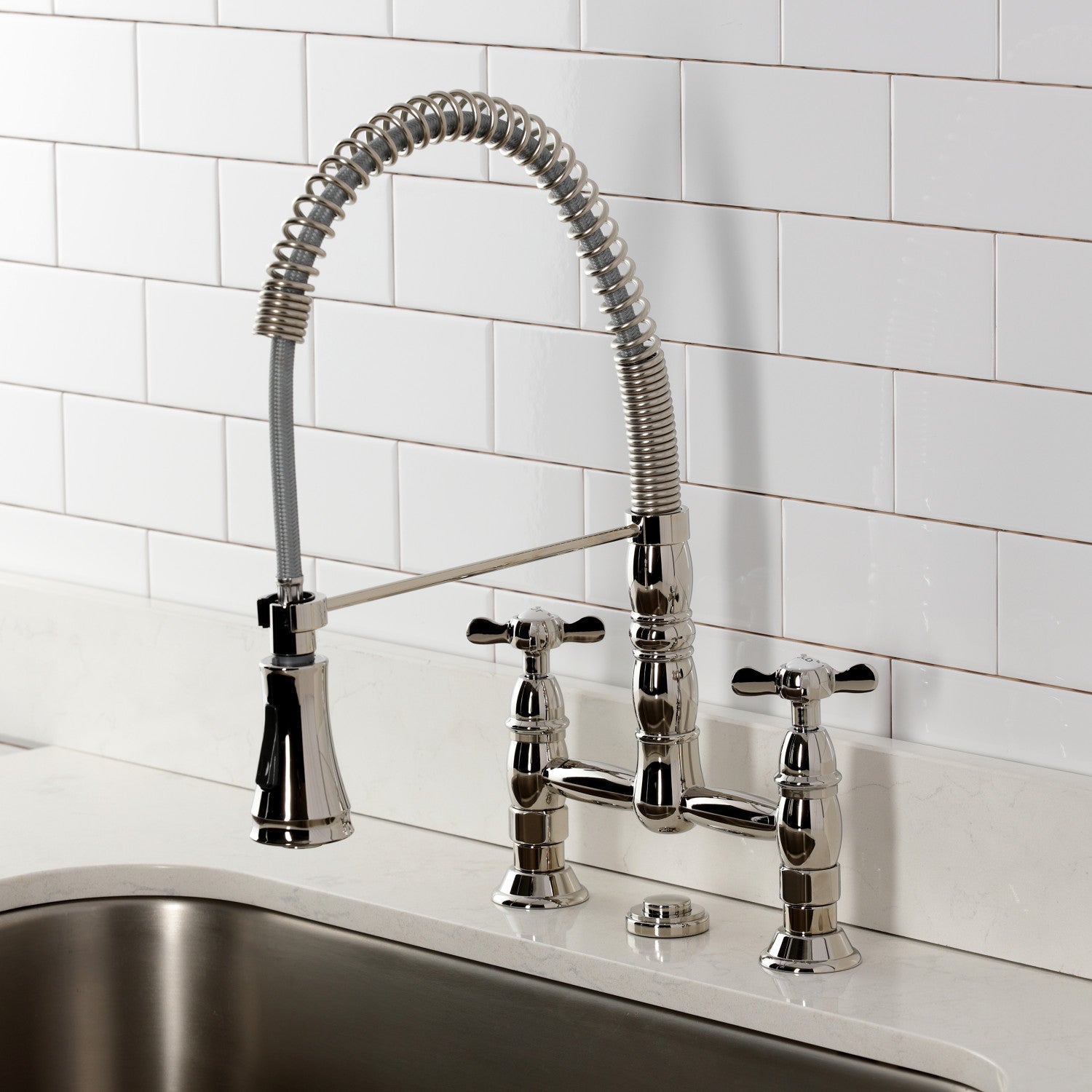 Kingston Tulare GS1276BEX - Essex Double-Handle 2-Hole Deck-Mount Pre-Rinse Bridge Kitchen Faucet, Polished Nickel — thumbnail 2